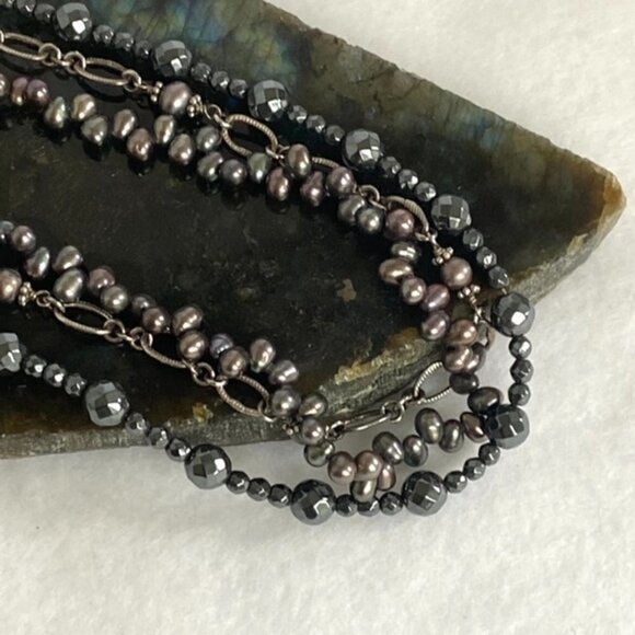 Sterling Silver 925 Triple Strand Peacock Pearl Hematite & Chain Necklace 17.5" - Picture 5 of 16